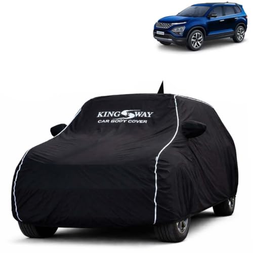 Image of KINGSWAY Super Waterproof Car Cover Only with Tata Safari (Year 2021 to 2023 - All Model) | Mirror and Antenna Pockets | All Weather Car Body Cover with Silver Piping | Black