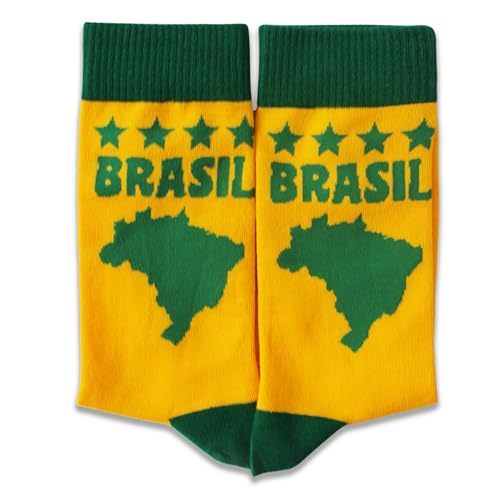 NQDWX Brazil World Cup Soccer Fan Socks Brasil Flag Crew Socks Yellow and Green Map Design Football Supporter Gift for Men and Women.(105)