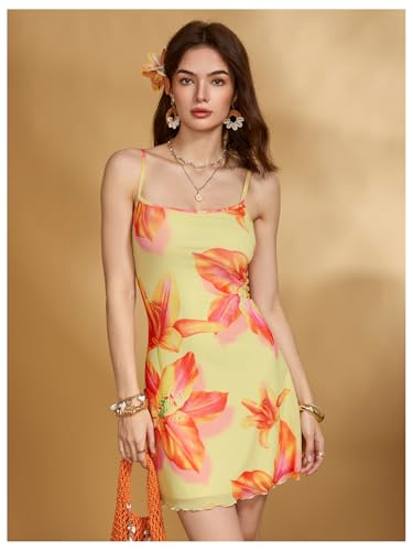 Image of Floerns Women's Summer Spaghetti Strap Cowl Neck Satin Mini Tropical Dress