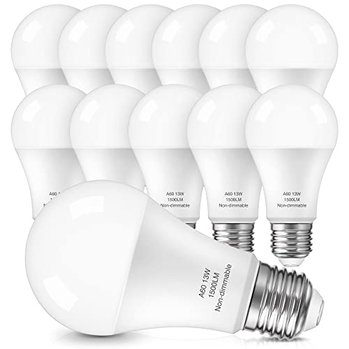 Nouscan A19 LED Light Bulbs 100 Watt Equivalent Lightbulbs Efficient 13 Watt Daylight White 5000K Standard E26 Medium Screw Base 1500 Lumens Non-dimmable 12 Pack Nouscan A19 LED Light Bulbs 100 Watt Equivalent Lightbulbs Efficient 13 Watt Daylight White 5000K Standard E26 Medium Screw Base 1500 Lumens Non-dimmable 12 Pack