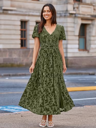 Image of Simplee Women's Velvet Maxi Dress V Neck Short Sleeve Empire Waist Semi Formal Long Cocktail Dresses