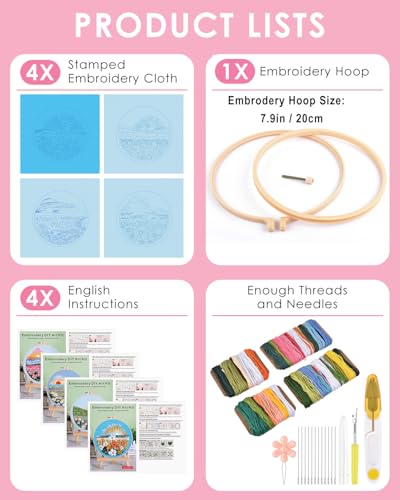Image of TINDTOP Embroidery Kit for Adult, 4 Pack Cross Stitch Practice Kits for Beginners Include Embroidery Cloth Hoops Threads for Craft Lover Hand Stitch with Embroidery Skill Techniques | for Beginners Include Embroidery Cloth Hoops Threads for Craft Lover Hand Stitch with Embroidery Skill Techniques
