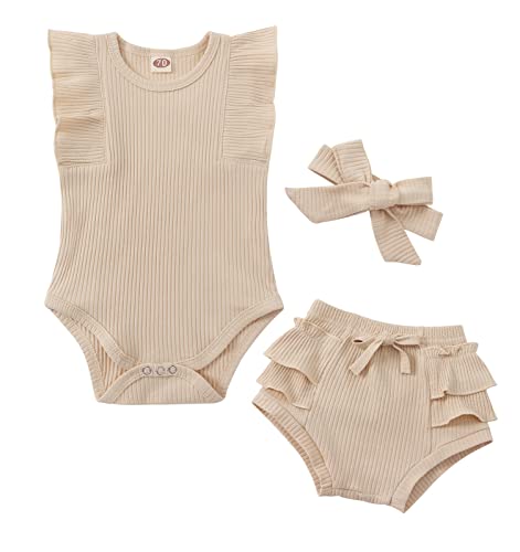 Berich Bébé Fille Vêtements Short Fleuri Nouveau-Né Manches À Volants Barboteuse Haut avec Bandeau Bodys Ensemble Bébé Vêtements Costumes Toddler Jumpsuit Tenue D'été 6-12 Mois (Beige,80) Cover