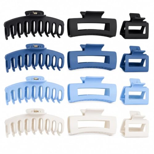 12 Pack Matte Hair Claw Clips, 3 Styles Small Medium Large Durable PS Hair Claws for Women Girls, Strong Hold Non-Slip Hair Clips for Thick Thin Fine Curly Hair-Black+Deepblue+Lightblue+White