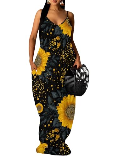 Image of Women's Summer Maxi Dress Spaghetti Strap Floral Boho Beach Long Sundress with Pockets