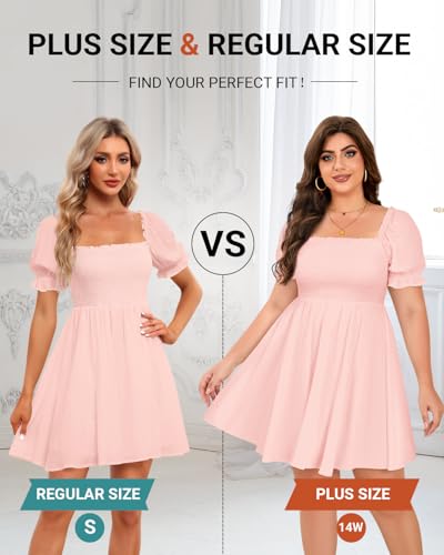 Image of Holipick Women's Casual Square Neck Smocked Dress Shirred Ruffle Puff Sleeve High Waist Cute Flowy A-Line Short Dress