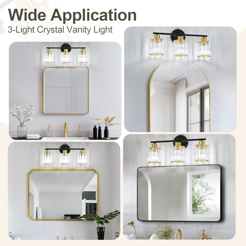 Image of Modern Black Gold Crystal Bathroom Light Fixtures,3-Light | Bathroom Lighting Fixtures over Mirror,Vanity Lights for Mirror, Restroom(Ceramic E26 Socket,Bulbs Not Include)