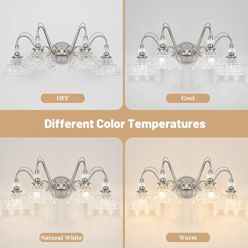 Image of Brushed Nickel Bathroom Vanity Light, 4-Light Nickel Finish Wall Sconce with Hanging Crystal Accents and Flower-Shaped Clear Glass Shades, Modern Wall Mount Vanity Light Over Mirror for Bathroom
