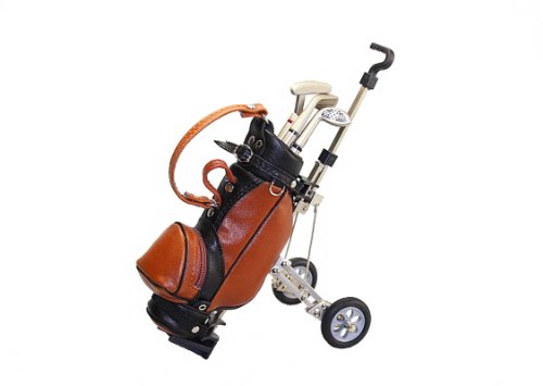 Golf Cart mit Bag und 3 Kugelschreiber Perfekte Geschenkidee für Golfspieler - Stifthalter - Schreibtischhingucker (Braun/Schwarz, Ohne Uhr)