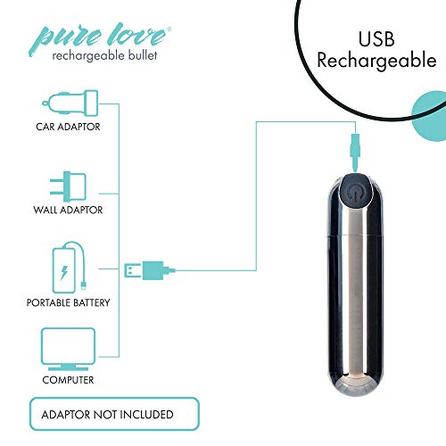 Pure Love Vibrator Bullet, Rechargeable, Waterproof, Adult Sex Toy, Smoky Silver, 3" #TOP6