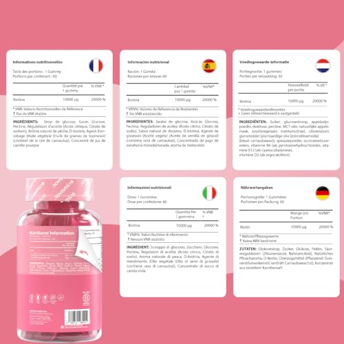 Biotina para el Cabello 10.000 mcg - 60 Gominolas para 2 Meses - Suplemento de Vitamina B7 - Vitaminas para el Cabello, Piel y Uñas - Vegano y Sin Gluten - Novomins - imagen 9