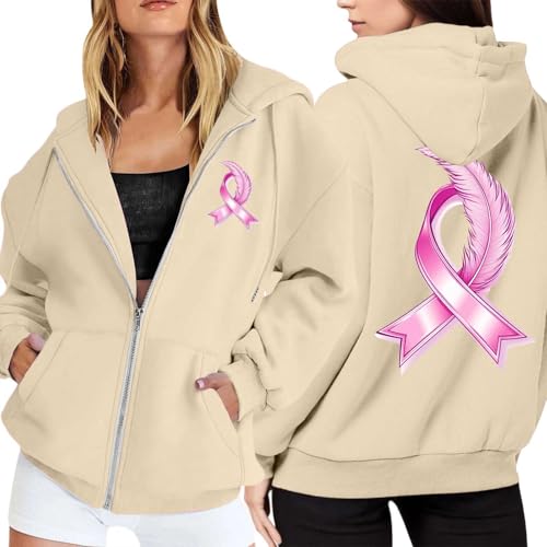 Sweat à Capuche Zippé Rose pour Femme avec Poches Veste Polaire Octobre Rose