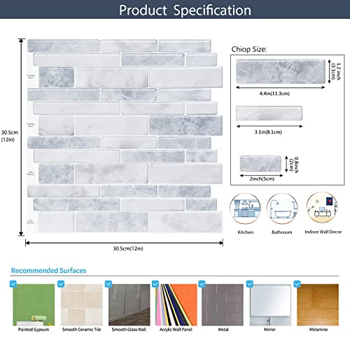 Peel And Stick Backsplash Tile Self-Adhesive 3D Vinyl Tiles Stick On Backsplash For Kitchen Bathroom Home Decor Brick Marble Wall Sticker Gray Mix (12" X 12", 10 Sheets) #TOP2