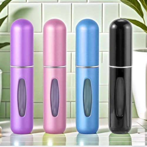 4 Pcs Perfume Spray Bottle, 5ml Travel Perfume Atomiser Bottles Fragrance Atomiser Portable Refillable Bottle for Women Men (Pink, Blue, Purple, Black)