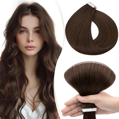 Elailite Tape in Hair Extensions Human Hair Real Human Hair 10 Pcs Invisible Thin Type - Seamless Skin Weft Remy Hair Extension (#4 Medium Brown, 12 Inch-10g)