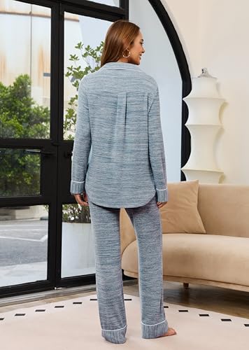 Anjue Womens Pajama Set Long Sleeve Sleepwear Soft Loungewear Button Down Pjs Set Blue Pajamas(Blue,L) — view 5