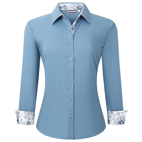 WARHORSEE Womens Cotton Button Down Dress Shirt Long Sleeve Easy Care Dressy Work Tops Business Casual Blouses for Women,Lakeblue,xs