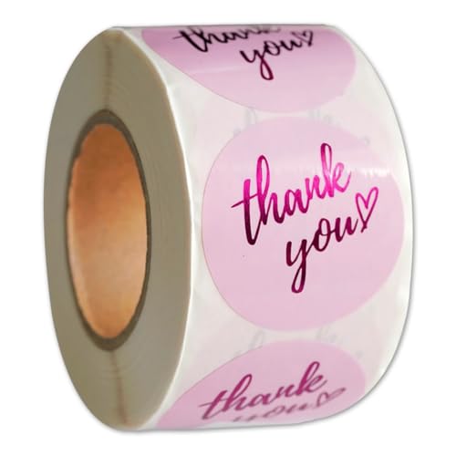 500 Pcs Thank You Stickers Roll – 1.5” Pink Round Labels with Purple Hot Stamping Foil Script & Heart Design, Elegant Small Business Packaging Stickers for Bags, Boxes, Envelopes & Party Favors