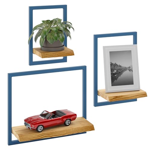 LAMO Manufaktur Estanterias de Pared Set 3ud. 15/20/35cm | Estante Cocina, baldas baño, estanterias de Pared habitacion | Color: rústico, Marco: Azul