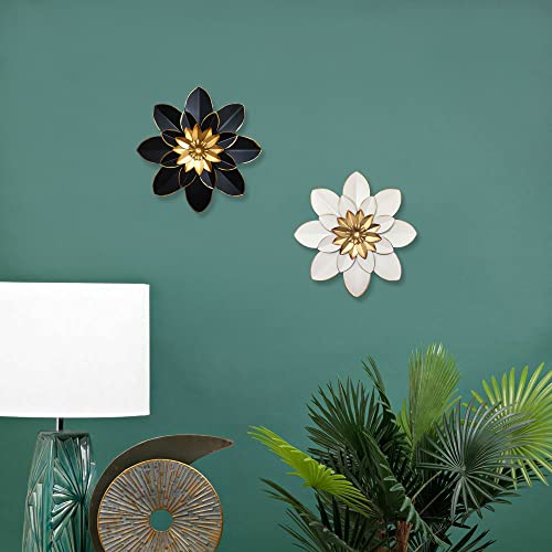 Metal Flower Wall Art Decor, 9.5“ Rustic Modern Floral Sculpture, Distressed Iron Wall Hanging Home Decoration Accent Artworks For Indoor Kitchen Bedroom Living Room Office Outdoor Garden Patio (White Gold) #TOP4