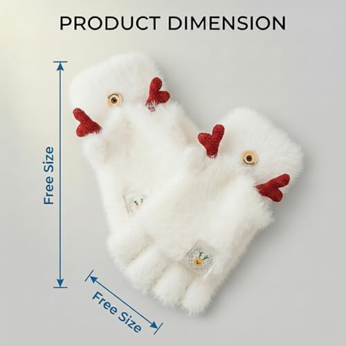 Image of Kraptick Women's Cute Reindeer Plush Convertible Fingerless Gloves - Winter Warm Fluffy Flip-Top Mittens - Korean Style Soft Hand Warmers for Girls & Ladies (Free Size, White)-3