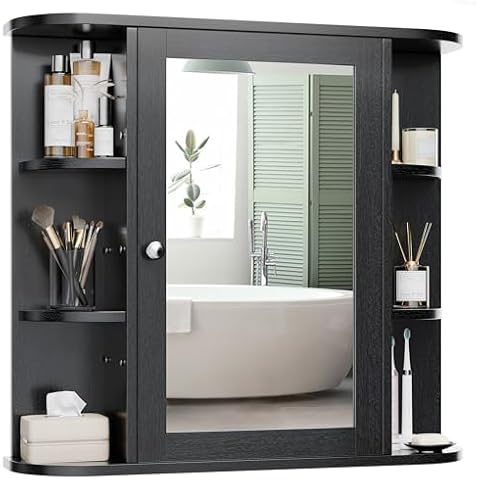 Meilocar Bathroom Mirror Cabinet Wall Mounted, Bathroom Medicine Cabinet with Mirror and 6 Open Shelves, Modern Bathroom Wall Cabinet Medicine Cabinet for Bathroom, Black Cover
