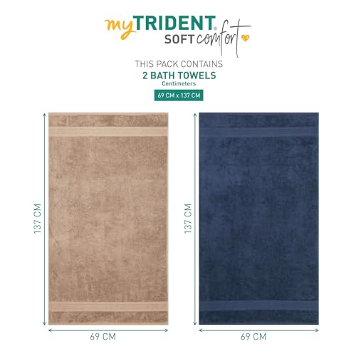 Image of MYTRIDENT Soft Comfort Air Rich 100% Cotton Towels for Bath, 500 GSM Large Size Bathroom Towels for Men /Women, 2PC Bath (69 cm x 137 cm), Acorn and Navy