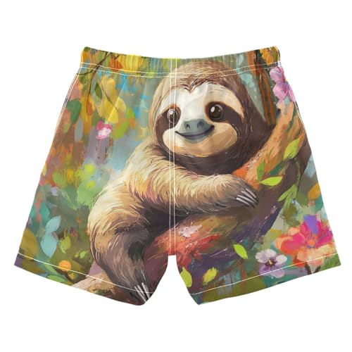DOMIKING Sloth Floral Colorful Toddler Boys' Swim Trunks Mesh Lining Swim Shorts for Boys Beach Pool Adjustable Waist 2T2