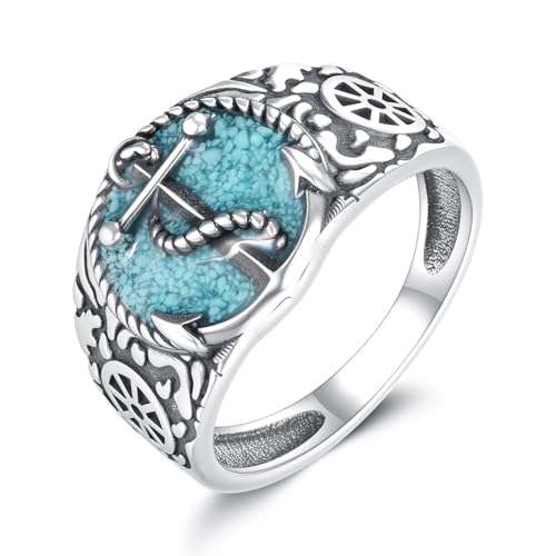 HKPATOP Pirate Rings 925 Sterling Silver Pirate Rings Turquoise Anchor Rudder Ring Nautical Jewelry for Women Birthday Gifts for Men Sailor (11)