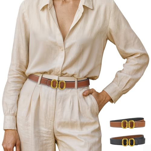 Women's Leather Belt for Jeans, Dress, Pants & Formal Outfits, Ladies Trendy Reversible Design Belt with Gold Buckle