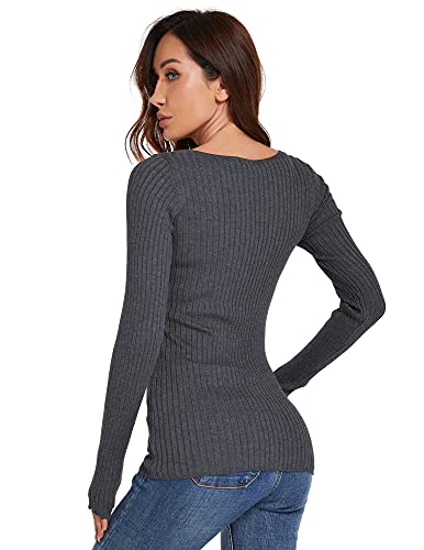 Amélieboutik Women Scoop Neck Long Sleeve Scalloped Cuff Ribbed Pullover Sweater (Dark Gray Medium) #TOP3