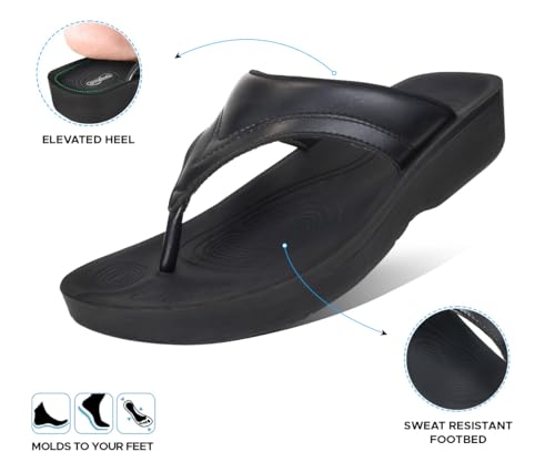 Image of AEROTHOTIC Comfy Arch Support Flip Flops for Women Open Toe Stylish Faux Leather Cushioned Strap with Non-Slip Sole & Comfortable Footbed Indoor and Outdoor Sandals