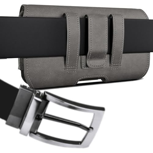 Image of DeBin Holster for Large iPhone Plus, Pro Max Models 17 16 15 14 13 12 11 Xs Max - Leather Cell Phone Belt Holder Case with Clip, Carrying Pouch Cover Fits Phone with Case on, Pewter