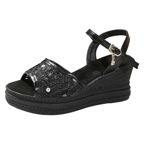 Sandalias de cuña de mujer estilo plataforma con calado delantero y hebilla de ajuste