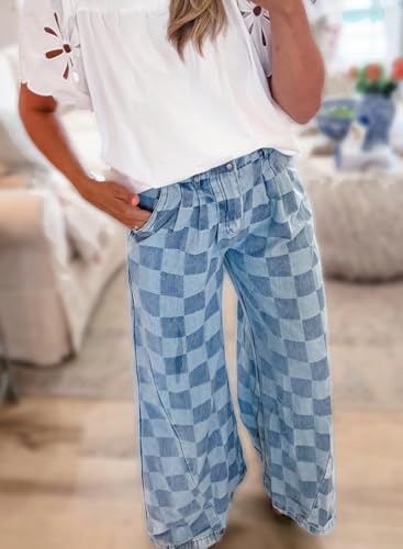 Melliflo Women's Plaid Jeans Checkered Denim Wide Leg Pants Trendy Baggy Elastic Waisted Trousers with Pockets2