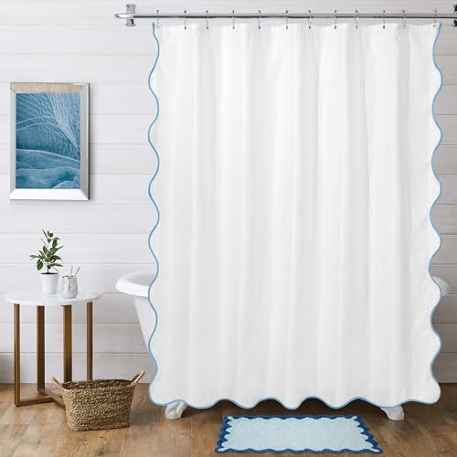 ORTIGIA White Blue Shower Curtain 72 W x 84 H Inch Extra Long, Blue Scalloped Shower Curtain Coastal Pretty Aesthetic Waterproof Fabric Bath Bathroom Decor with Metal Hooks by ORTIGIA - Used condition - Image 3