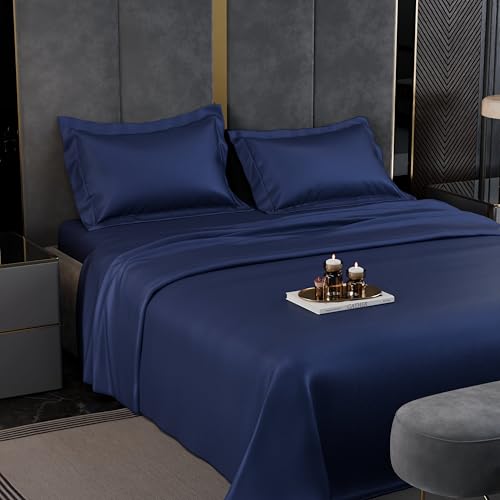 Image of Stoa Paris 350TC Luxstre Cotton Super King Flat Bedding Set for King & Double Size Beds with 2 Pillow Covers, 274cm x 274 cm Bedsheet, All-Season Comfort, Breathable, Home Decor, Panache - Navy