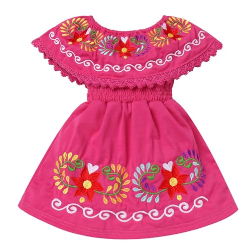 Kids Toddler Girls Traditional Mexican Off-Shoulder Floral Embroidered Drape Dress