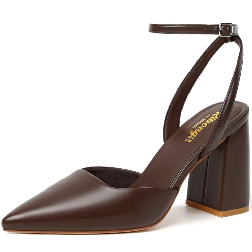 Image of RIBONGZ Block Heels for Women Closed Pointed Toe Heeled Slingback Chunky High Heel Ankle Strap Pumps Patent Leather Comfort Dressy Shoes for Work Party Prom Wedding Bridal Dress