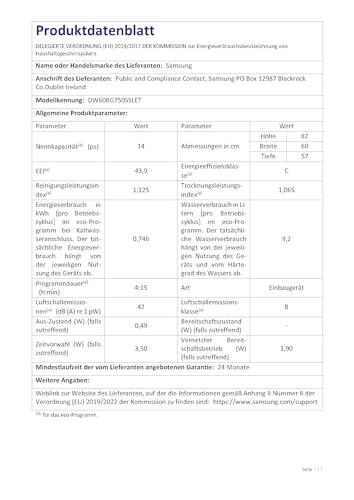 Samsung Unterbau-Geschirrspüler, 60 cm, Teilintegrierbar, EEK : C, 14 Maßgedecke, 9,2 l Wasserverbrauch, WaterJet Clean, SmartThings AI Energy Mode, 42 dB(A), Weiß, DW60BG750SSLET