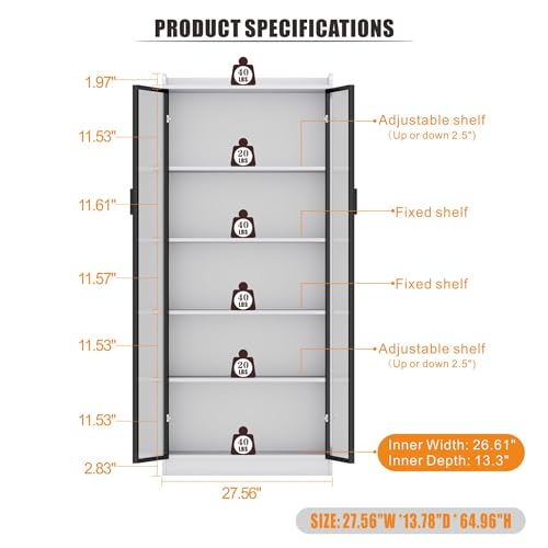 Display Cabinet with Doors and Adjustable Shelves, 65" Tall Bookcase with LED Lights/Human Sensor, 5 Tier Display Case for Collectibles Bedroom Living Room Office, White