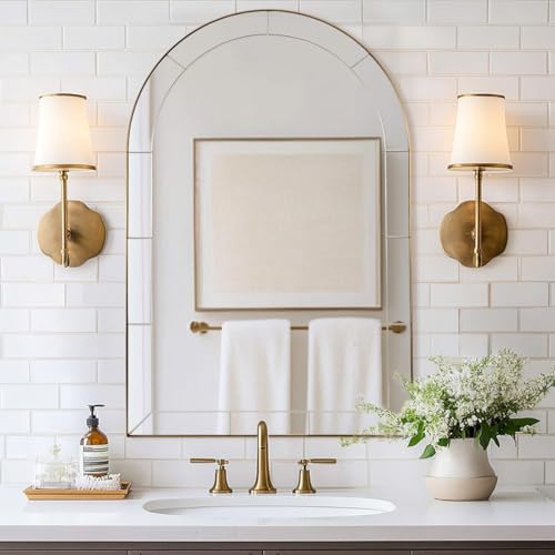 Image of MOON MIRROR Arched Mirror for Bathroom, Bathroom Mirrors for Over Sink, 24x36 inch Brushed Gold Non-Rusting Vanity Mirror in Brass Stainless Steel Metal Frame