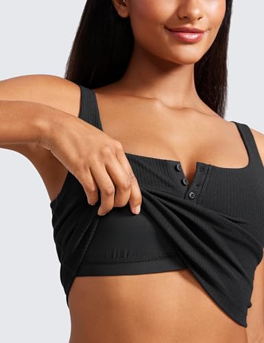 CRZ YOGA Womens Ribbed Henley Longline Sports Bras - Square Back Padded Yoga Workout Crop Tank Top with Built in Pads4