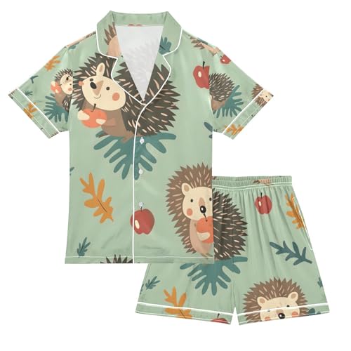 senya Cute Hedgehog Carrying Fruit Satin Summer Pajama Sets Silk Short Sleeve Button Down Sleepwear
