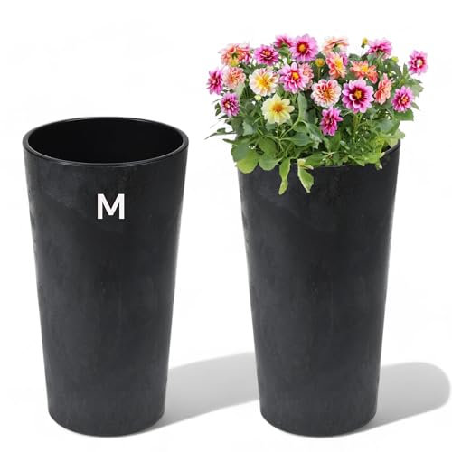 MELTOM Blumenkübel Rund Betoneffekt mit Herausnehmbaren Einsatz Blumentopf Pflankübel (Schwarz, M - 37 cm)