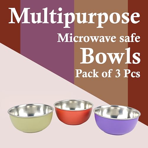 Image of Zaib Stainless Steel Microsafe Bowl (350ml, 12cm) - Insulated Double Wall Serving Dish for Soup, Snacks, Desserts & Festive Treats - Microwave Safe Outside, Steel Inside (Multicolour 3 Pcs)