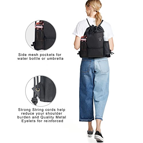 Beegreen Black Drawstring Backpack Bag Large 18" L X 15" W Gym Sports String Cinch Bag Athletic Sackpack With Zipper Pockets And Mesh Water Bottle Holders For Teens Women And Men #TOP3