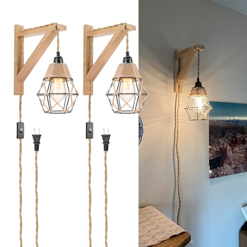 Image of Frideko Plug in Wall Sconce Set of Two,Boho Farmhouse Hanging Wall Lamp with Plug in Cord, Wall Light with Wood Shelf Bracket for Bedroom Living Room Apartment RV Camper(Orange 2pcs)