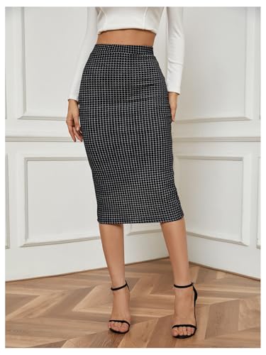 MakeMeChic Women's Midi Skirt Plaid High Waist Split Skirts Work Office Going Out Pencil Dresses3