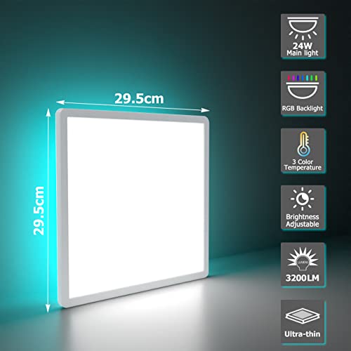 3000K-6000K Dimmable Ceiling Light Fixture With Remote Control, 12 Inch 24W 3200Lm Flush Mount Led Ceiling Light With Rgb Color Changing Back Light, Ip44 Square Ceiling Lamp For Bedroom Living Room #TOP6
